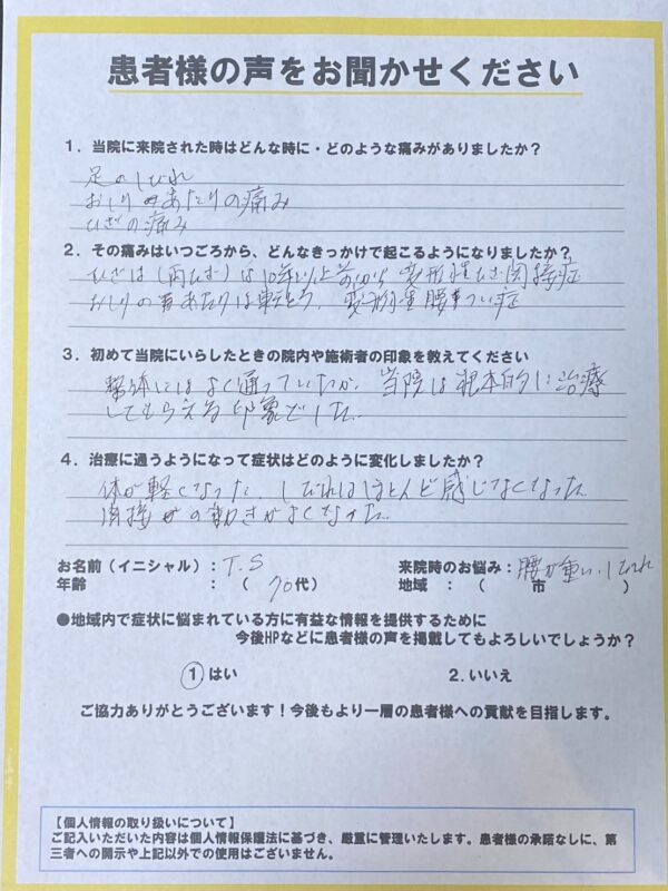 足のしびれとお尻の痛みで来院された70代女性患者様の手書きアンケート