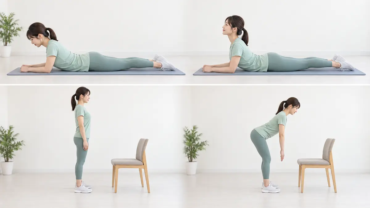 前にかがむと腰がつらい人向けのうつ伏せ肘立ちとヒップヒンジ