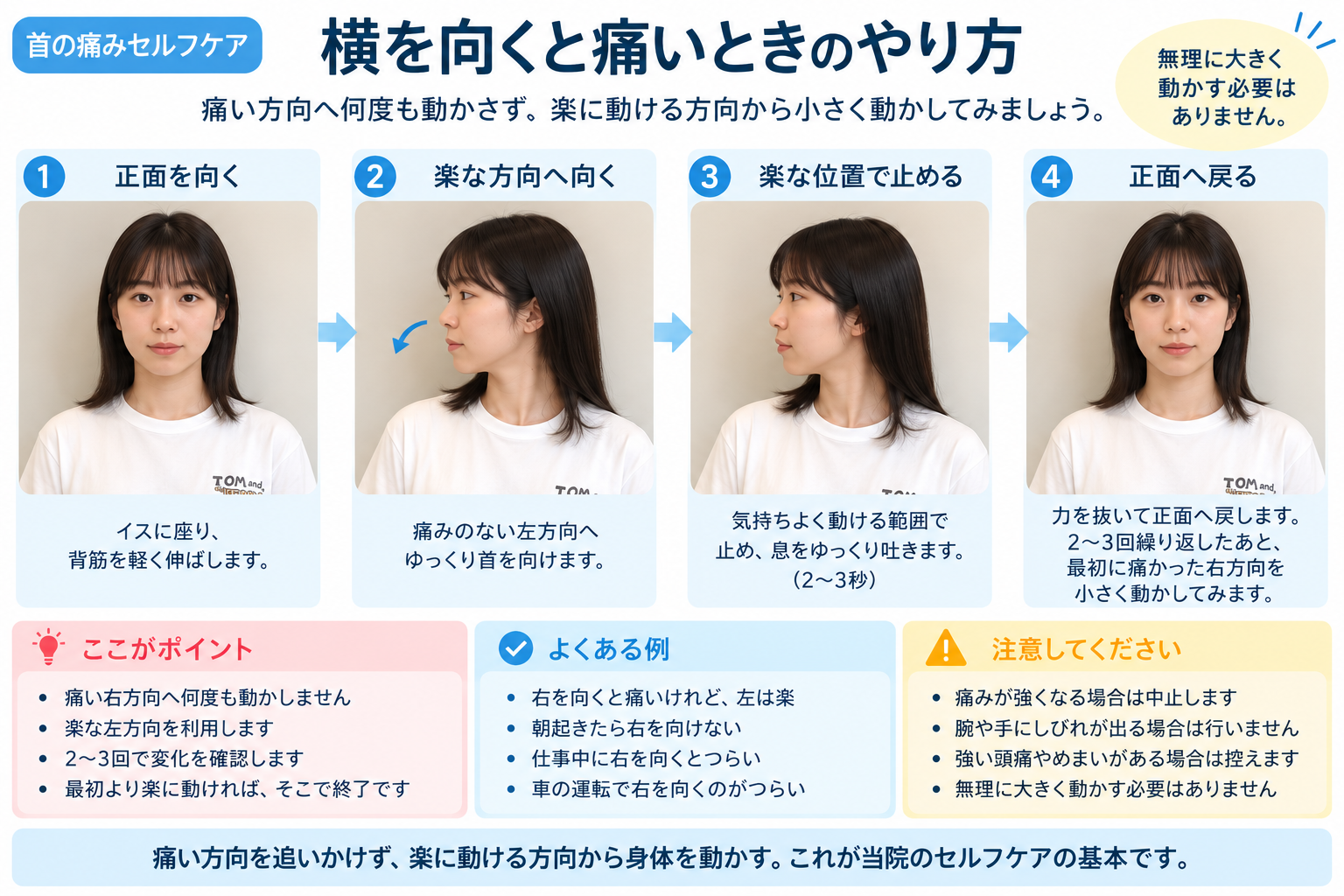 首の痛みで楽に動ける方向へ小さく動かすセルフケアのイメージ