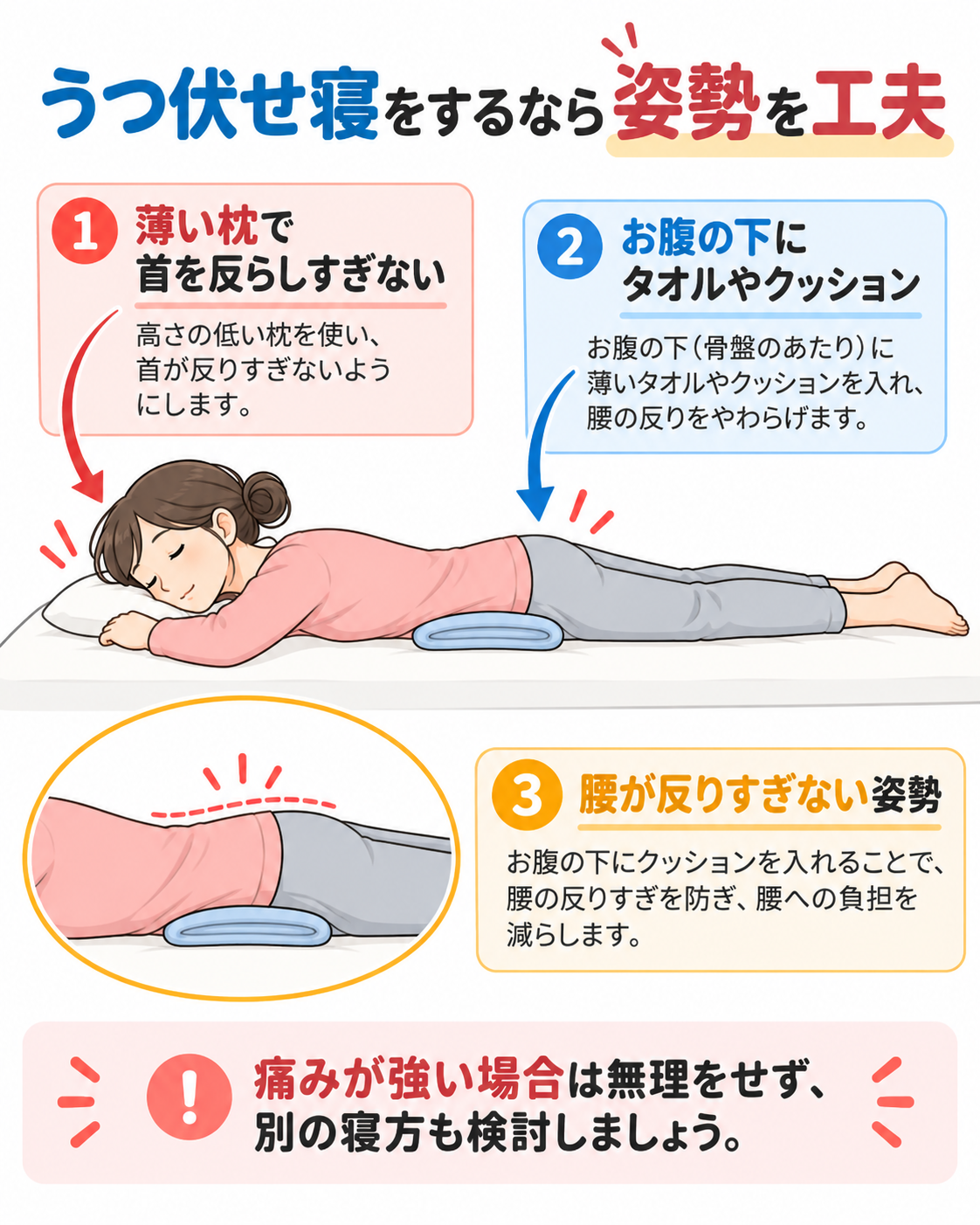 うつ伏せ寝をするときの腰への負担を減らす姿勢の図