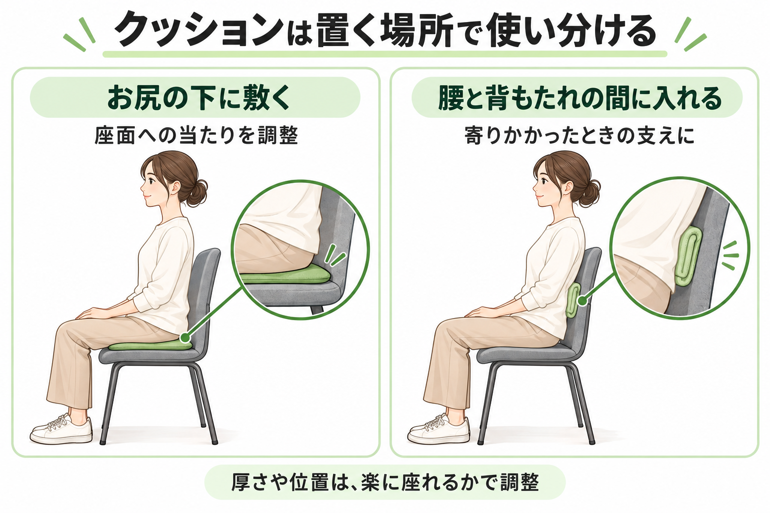 座面への当たりを調整するクッションと、腰と背もたれの間に入れる支えの使い分け