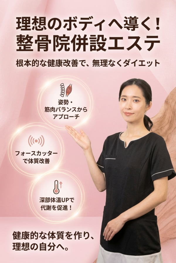 整骨院併設エステで理想のボディへ！体質改善ダイエット - ポポの木サロンで冷え・代謝・姿勢を根本からケア。健康的に美しく。フォースカッター使用！その日の状態に合わせて施術。体温UPで代謝改善！冷え性・むくみにもアプローチ。無理なくリバウンドしにくい体づくりをサポート。夜22時まで営業・土祝日営業・高座渋谷駅から徒歩3分