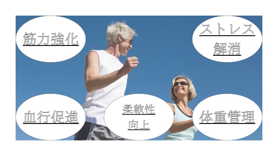 ウォーキングの効果は筋力強化、ストレス解消、血行促進、柔軟性向上、体力増強
