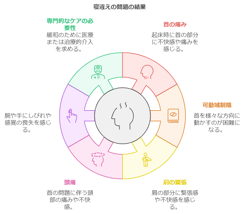 寝違えると首の痛みや可動域制限、肩の緊張、頭痛、腕や手の痺れが起きることを図解