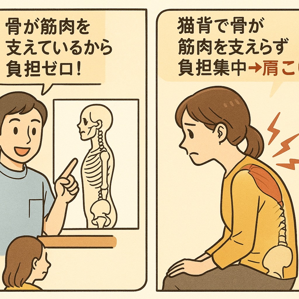 骨図形で示しながら、骨が筋肉を支えれば負担が減ると説明して猫背で骨で筋肉を支えられなくて肩こりが起きていることを説明