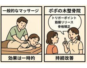 一般的kなマッサージと高座渋谷ポポの木整骨院の効果の違いについて説明した漫画画像