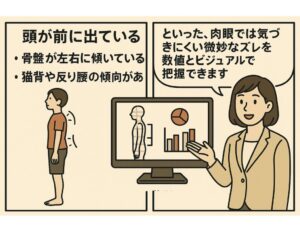 姿勢分析アプリで分析すると数値とビジュアルで把握できることを説明した画像