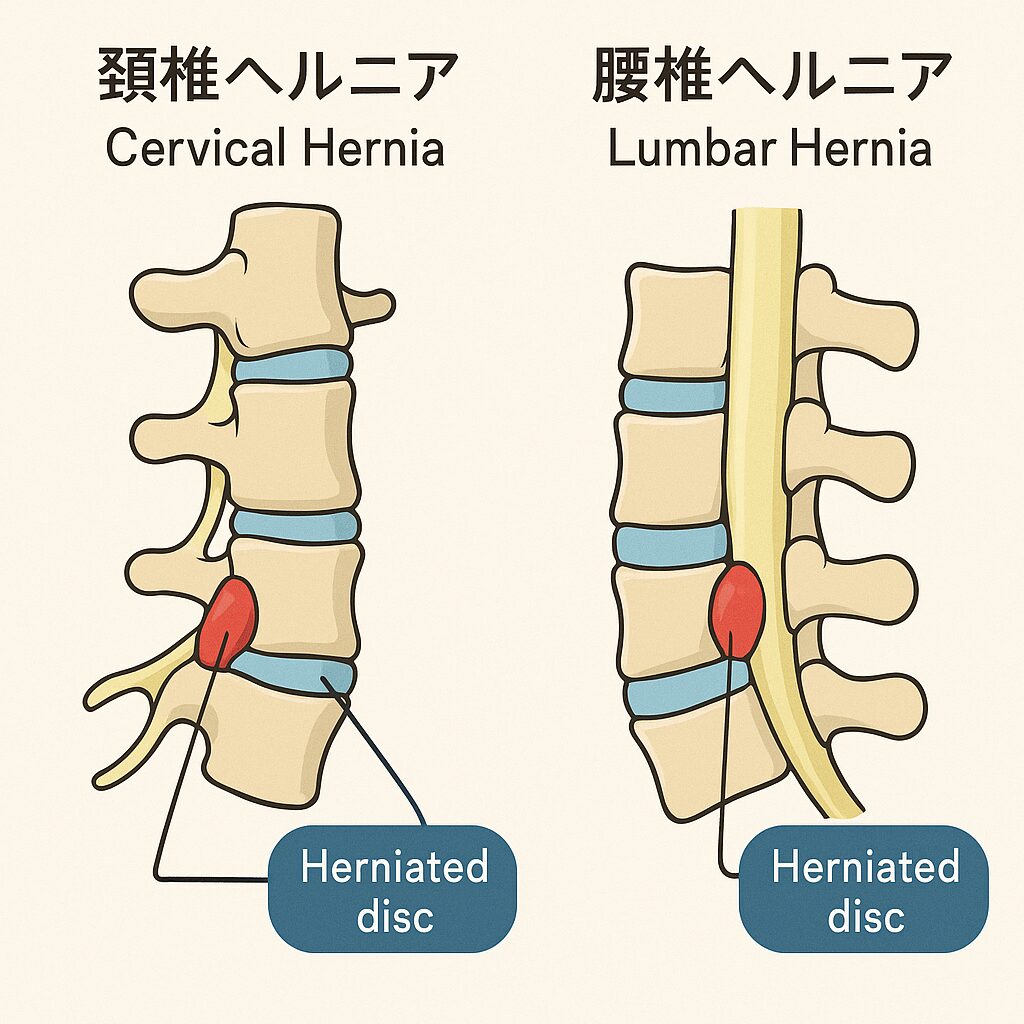 椎間板ヘルニアの構造と神経圧迫のメカニズムを示す医学的図解イラスト