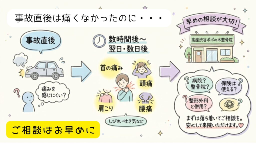 事故直後は気づかない痛みも、時間がたつと