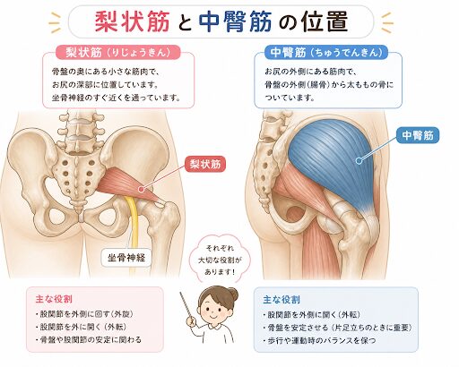 中殿筋と梨状筋の位置を説明した図