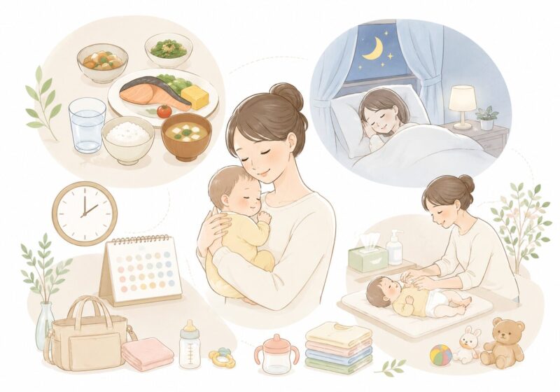 産後の体型変化を整えるための食事・睡眠・育児リズムのイメージ