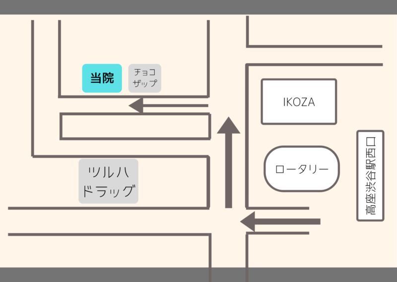 高座渋谷駅西口徒歩3分 ツルハドラッグ・チョコザップ隣 高座渋谷ポポの木整骨院までの案内図