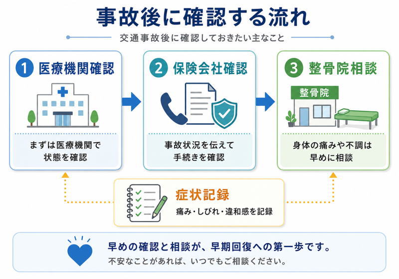 交通事故後に確認する流れ 医療機関確認・保険会社確認・整骨院相談の3ステップ図解