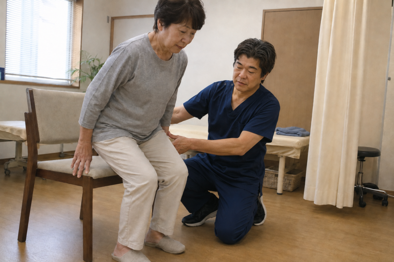 坐骨神経痛で椅子から立ち上がる時痛い方に痛みが軽減する立ち方を指導しているところ