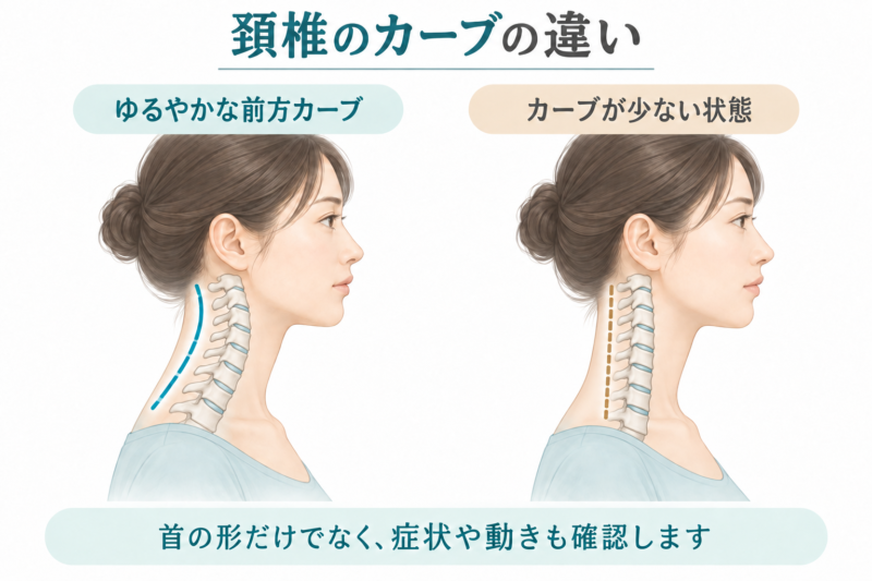 頚椎のゆるやかな前方カーブとストレートネックを比較した模式図