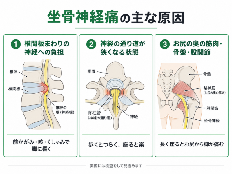 坐骨神経痛の主な原因となる椎間板・脊柱管・梨状筋・骨盤・股関節を示した図
