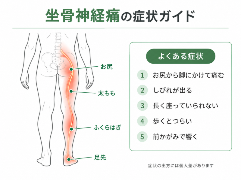 坐骨神経痛でお尻から太もも・ふくらはぎにかけて出る痛みやしびれの範囲を示した図